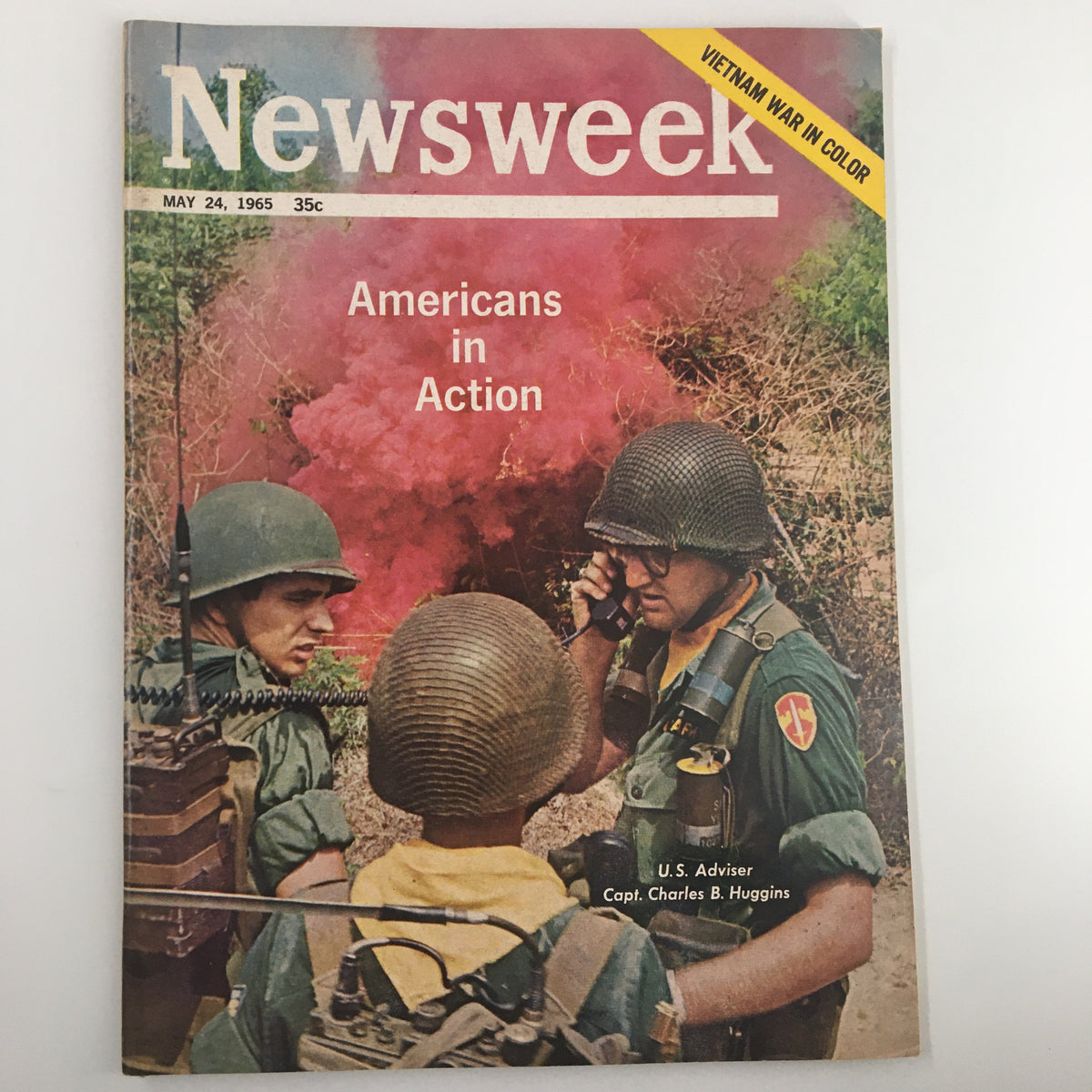 VTG Newsweek Magazine May 24 1965 featuring U.S. Advisor Capt. Charles B. Huggins on the cover, with soldiers in action during the Vietnam War, showcasing historical significance and vibrant photography.