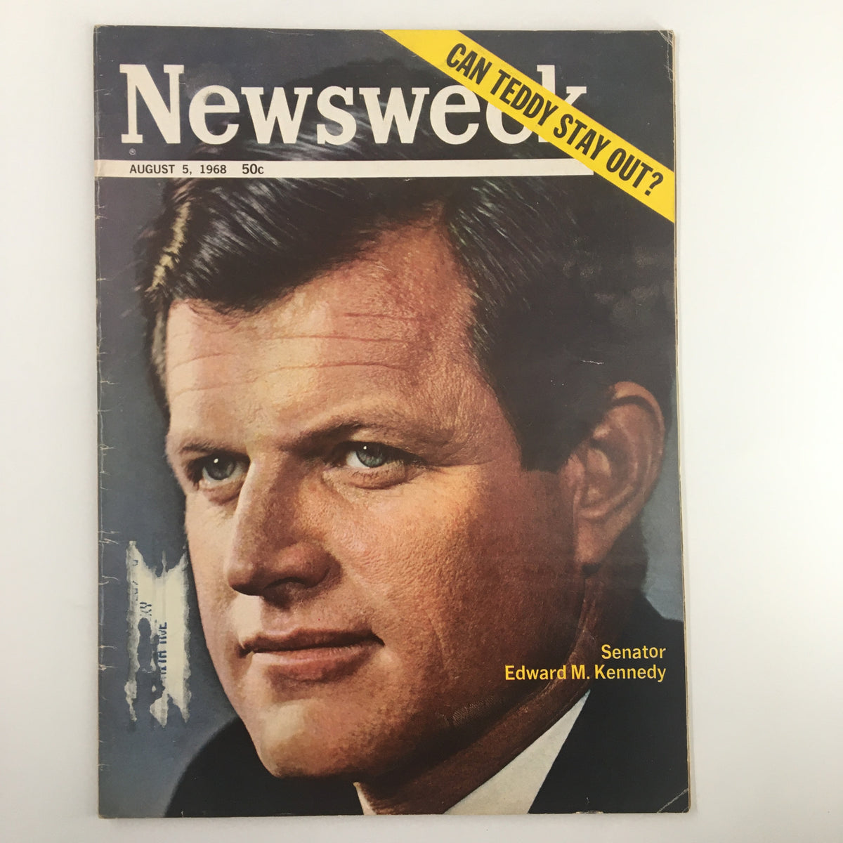 VTG Newsweek Magazine from August 5, 1968 featuring a close-up of Senator Edward M. Kennedy's portrait on the cover with the headline 'Can Teddy Stay Out?' and publication details.