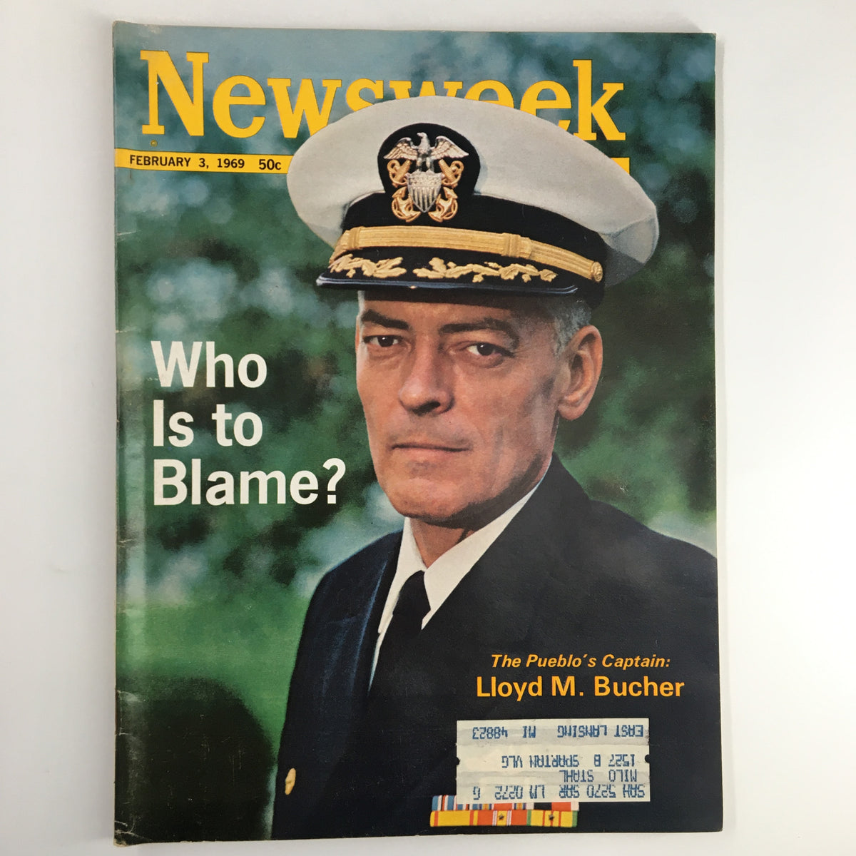Cover of the VTG Newsweek Magazine dated February 3, 1969, featuring The Pueblo's Captain, Lloyd M. Bucher, with the headline 'Who Is to Blame?' showcasing a portrait of Captain Bucher in uniform.