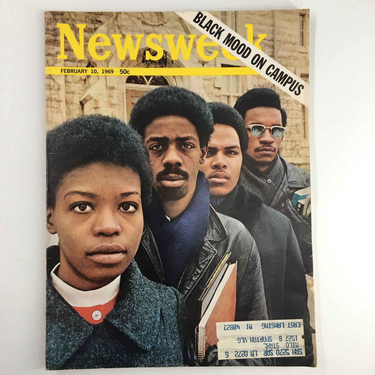 Vintage Newsweek Magazine cover from February 10, 1969, featuring the title 'Black Mood on Campus' with four African American individuals depicted on the cover, reflecting social issues of the 1960s.
