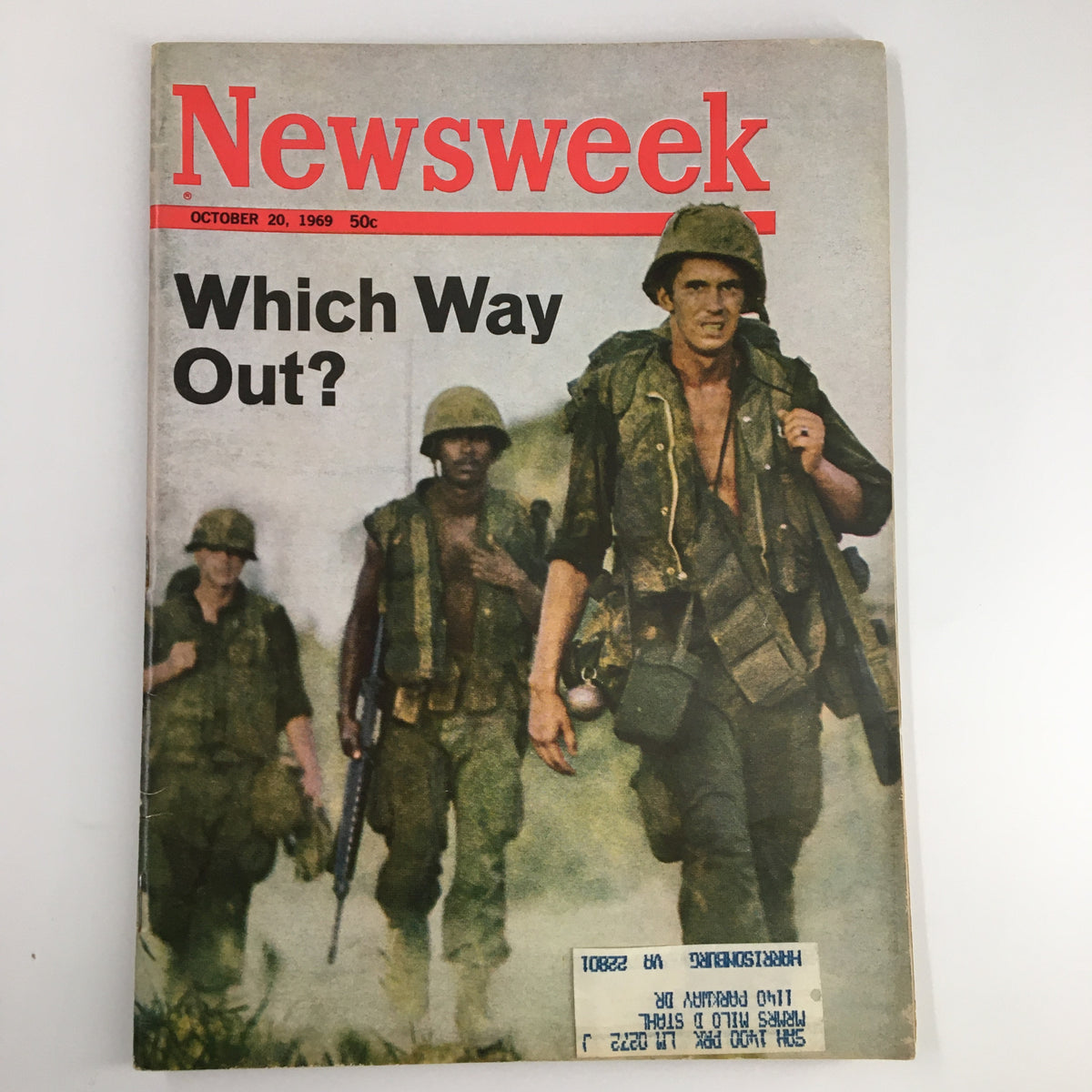 Cover of Vintage Newsweek Magazine from October 20, 1969 titled 'Which Way Out?', featuring soldiers walking in military gear, highlighting the era's significant historical context.