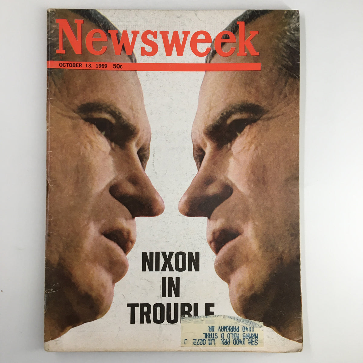 VTG Newsweek Magazine cover from October 13, 1969, featuring Richard Nixon with the headline 'Nixon in Trouble.' This vintage magazine illustrates significant political challenges faced by Nixon during a pivotal moment in American history.