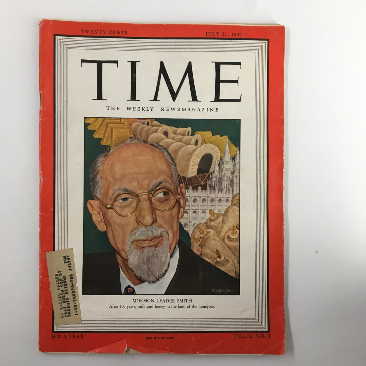 Cover of VTG Time Magazine July 21 1947 Vol 50 No. 3 featuring Mormon Leader George Albert Smith with artistic portrait and historical context.
