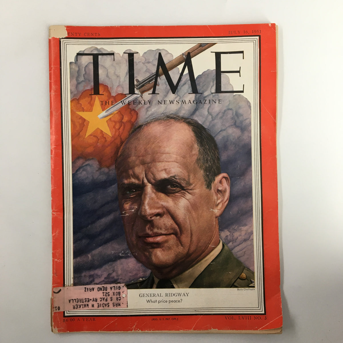 Vintage Time Magazine featuring General Matthew Ridgway on the cover, dated July 16, 1951, Volume 58, Number 3, showcasing iconic historical imagery.