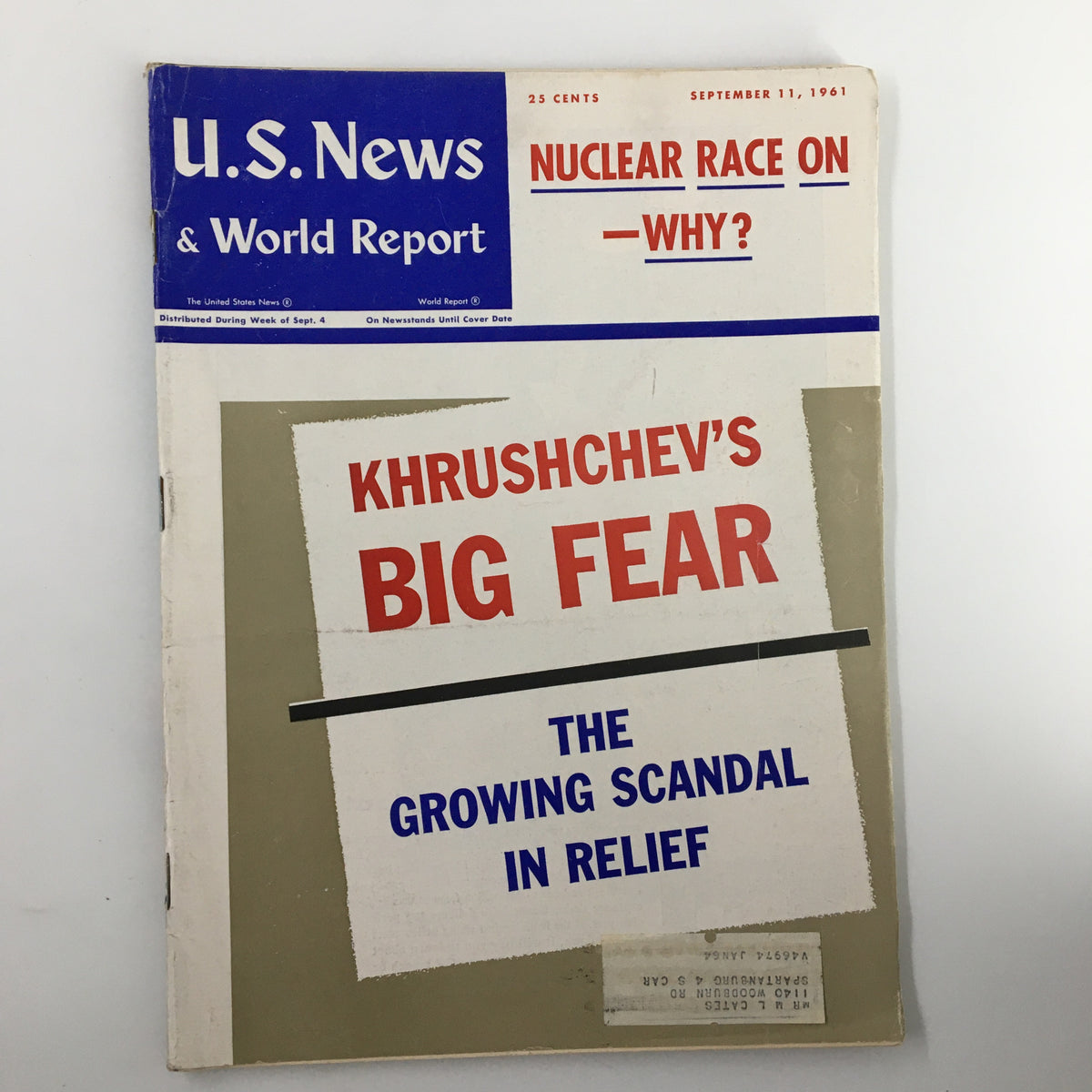 Cover of US News & World Report Magazine dated September 11, 1961, featuring the headline 'Khrushchev's Big Fear' with additional text on nuclear race and growing scandal.