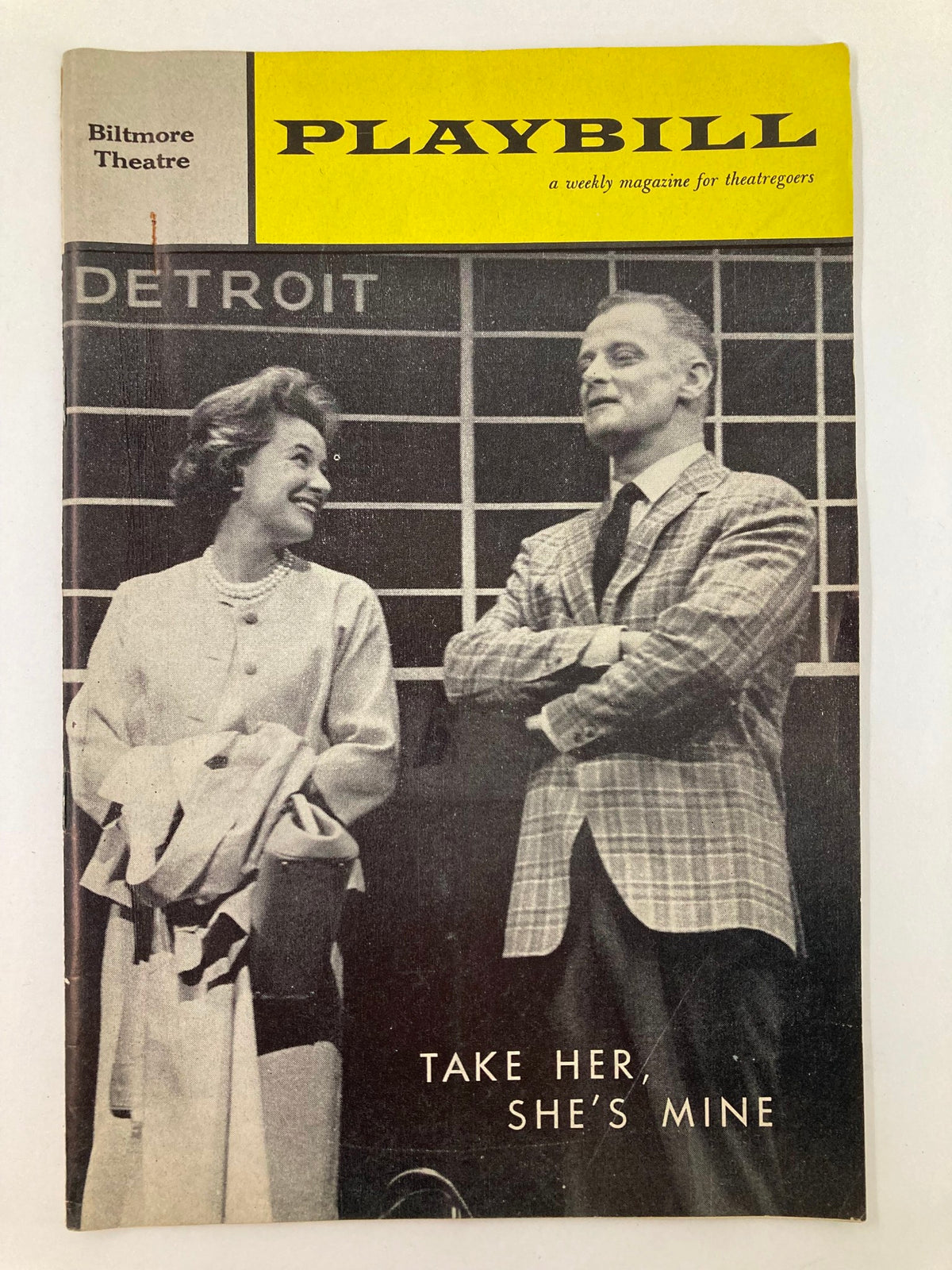 1961 Playbill from the Biltmore Theatre featuring Phyllis Thatxter in the production 'Take Her, She's Mine', showcasing a classic design and vintage theatrical charm.