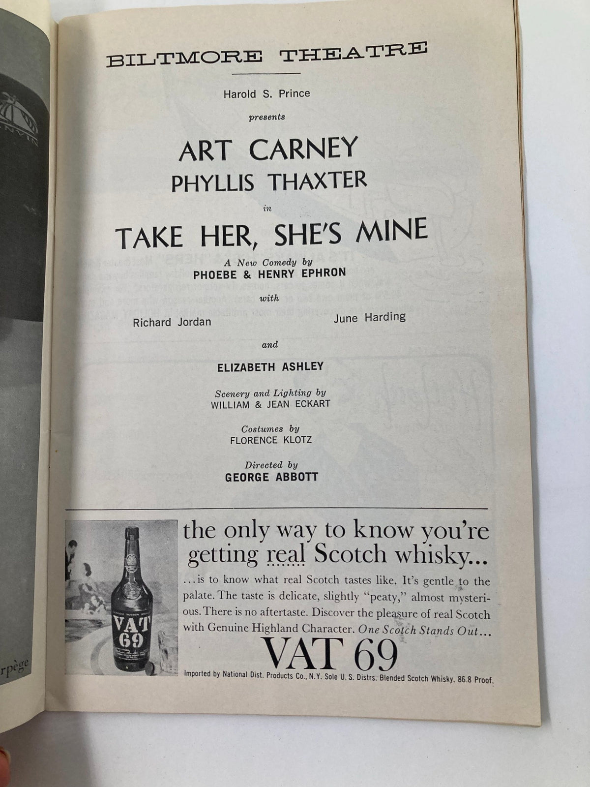 Inside page of the 1961 Playbill from Biltmore Theatre showcasing the cast of 'Take Her, She's Mine' with Phyllis Thatxter, Art Carney, and Elizabeth Ashley.