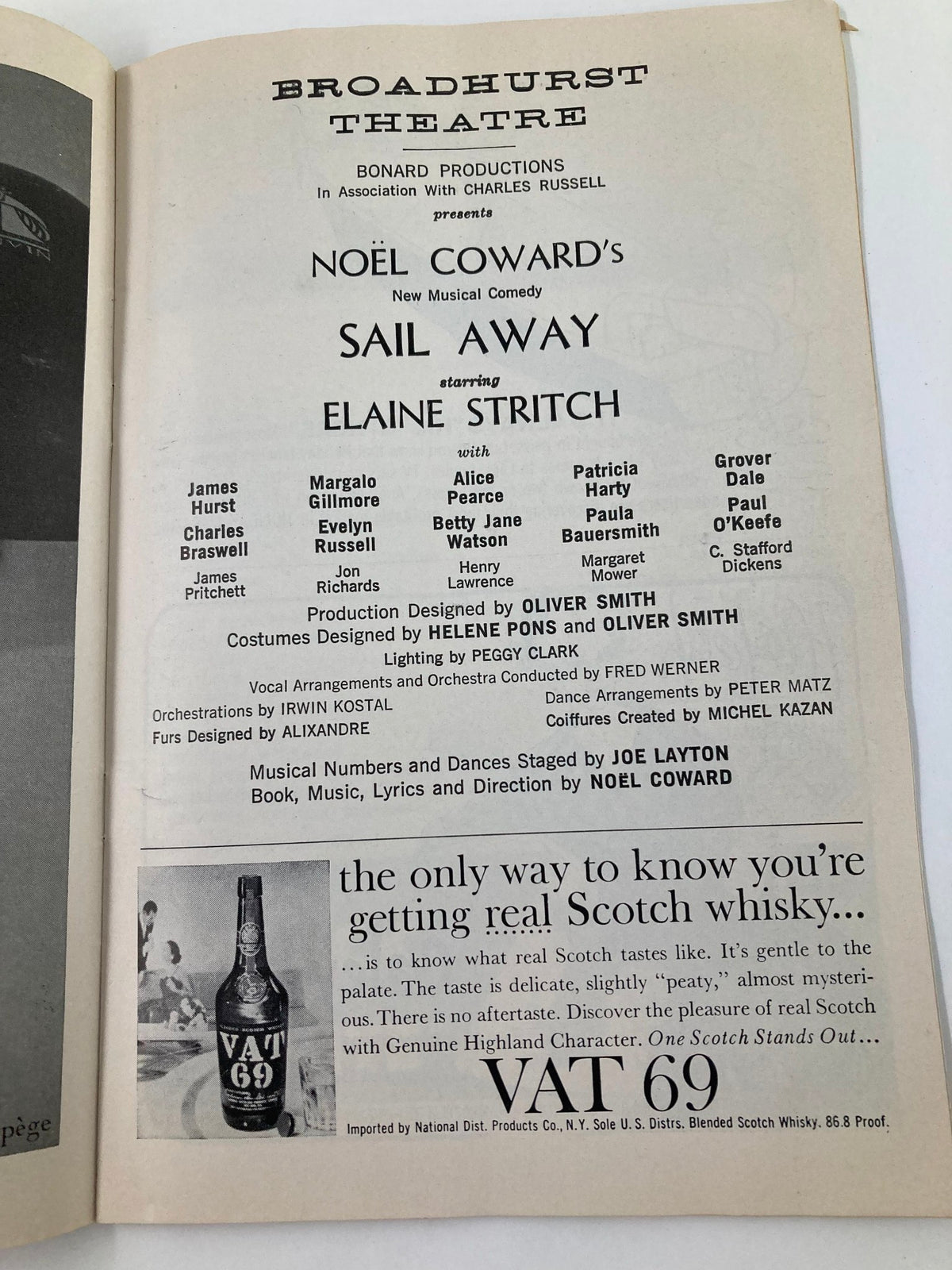 Another inside page of the 1961 Playbill for Sail Away, featuring advertisements and additional details about the show at the Broadhurst Theatre.