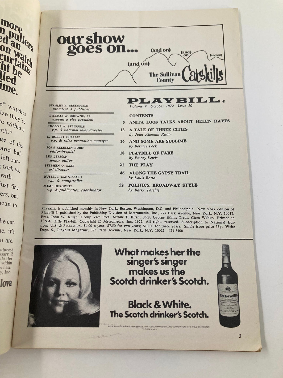 Inside page of the 1972 Playbill from Theatre de Lys for the production 'Berlin to Broadway with Kurt Weill', featuring the show details and an advertisement for Scotch whiskey.