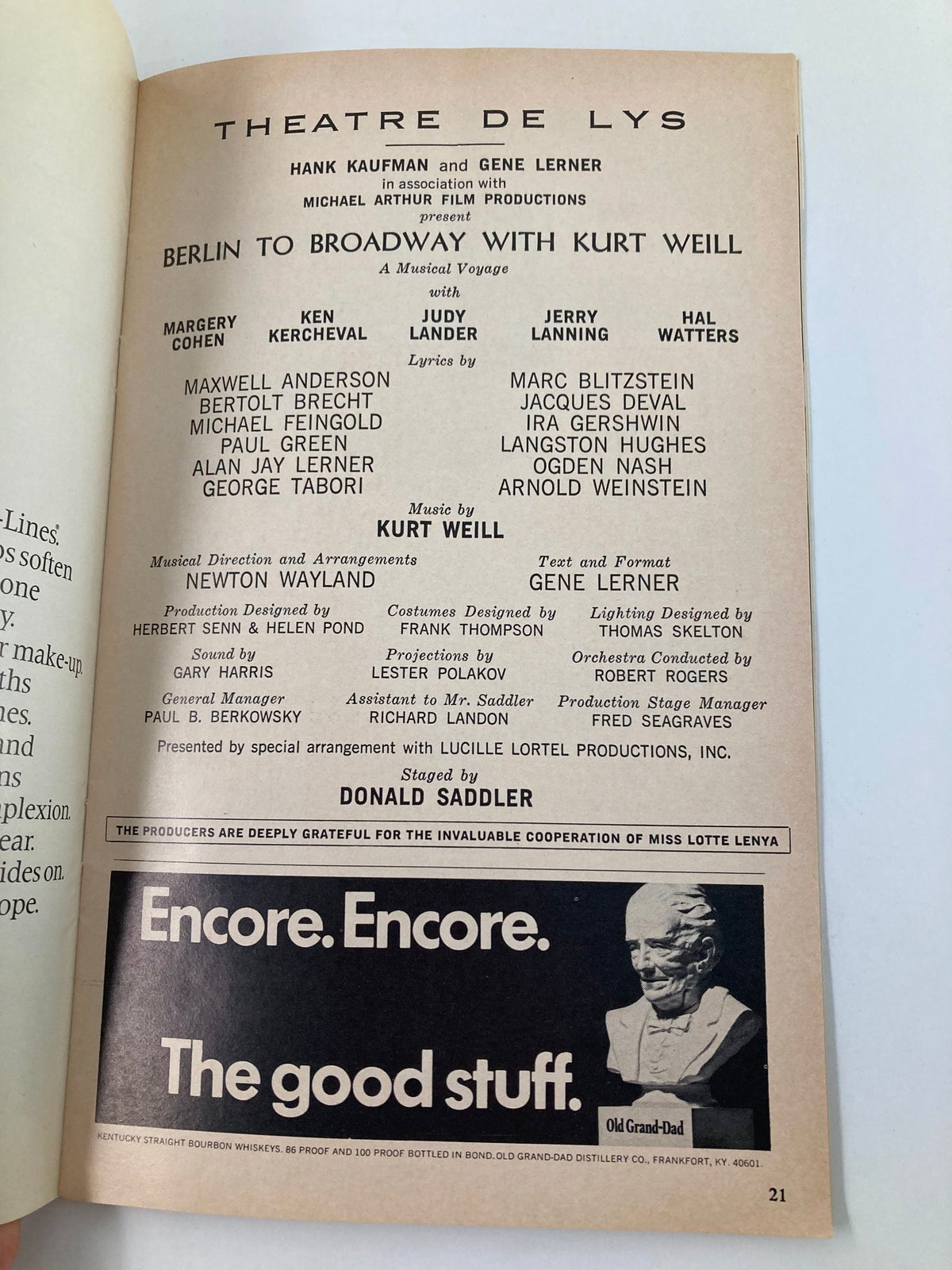 Inside page of the 1972 Playbill showcasing the cast and credits of the production 'Berlin to Broadway with Kurt Weill' at Theatre de Lys, highlighting key performers and creative contributors.