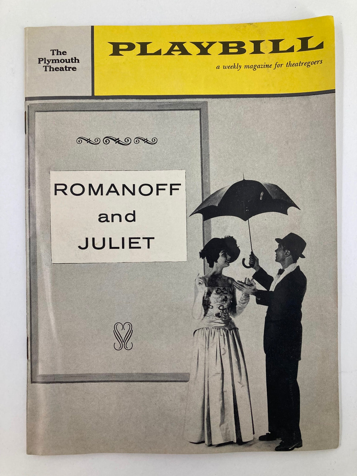 1958 Playbill for Romanoff and Juliet at The Plymouth Theatre featuring a couple under an umbrella.