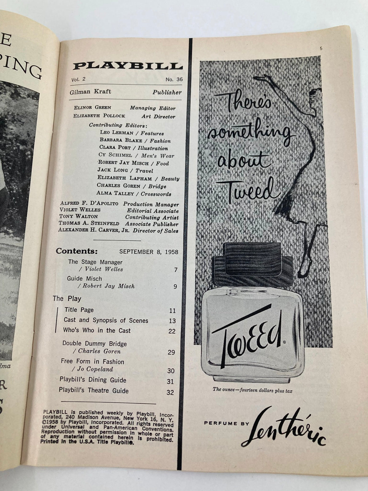 Interior page of the 1958 Playbill showcasing the contents page and advertisements for Romanoff and Juliet.