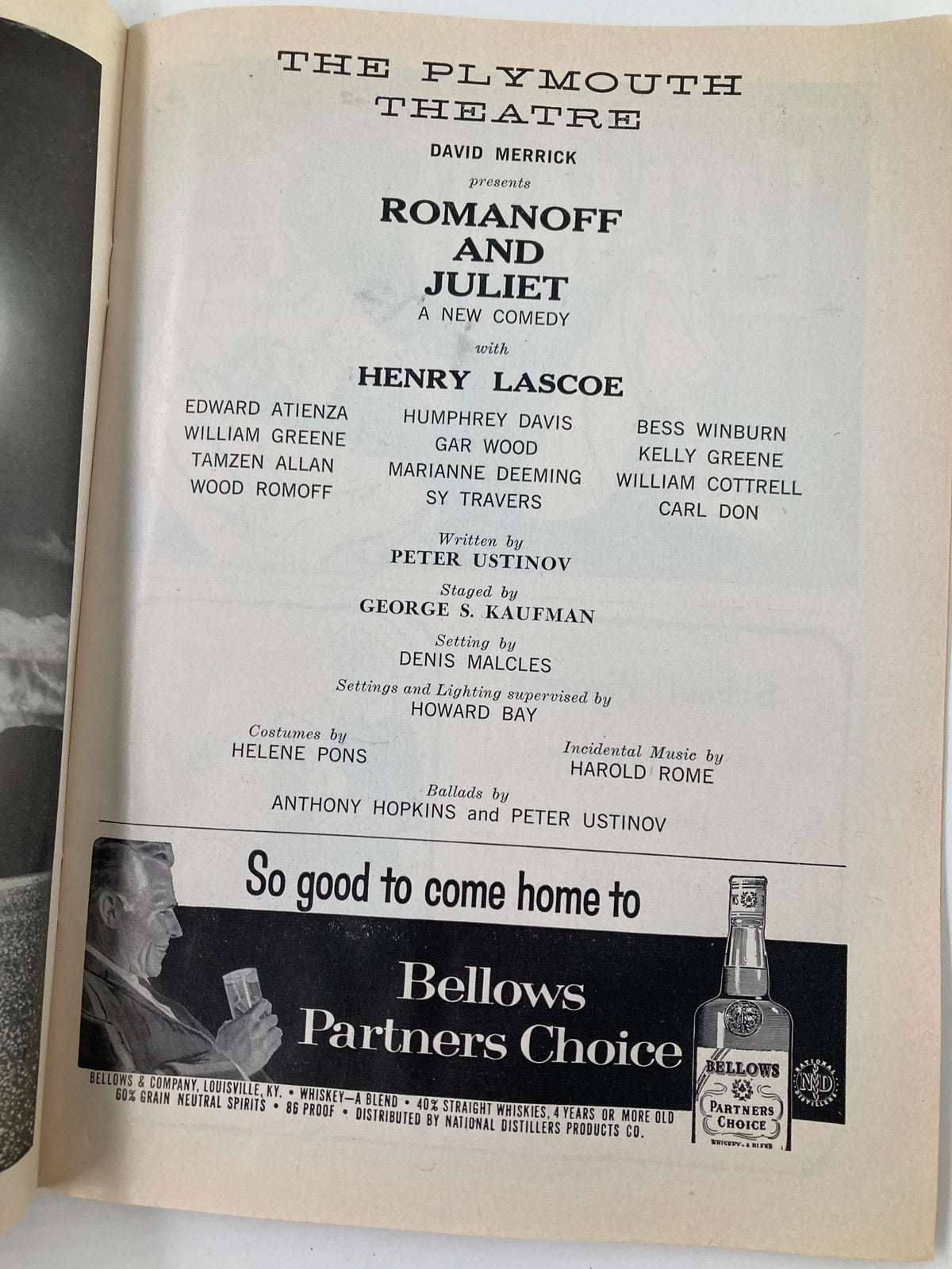 The cast list and production details page from the 1958 Playbill for Romanoff and Juliet at The Plymouth Theatre.