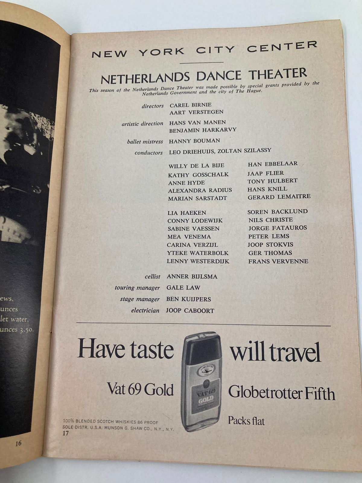 1968 Playbill New York City Center Netherlands Dance Theater interior page detailing cast and crew members involved in the production, emphasizing the collaborative nature of the performance.
