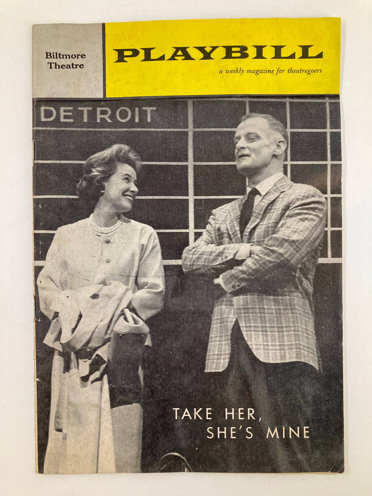 1961 Playbill featuring Art Carney and Phyllis Thaxter in Take Her, She's Mine, published by Biltmore Theatre.
