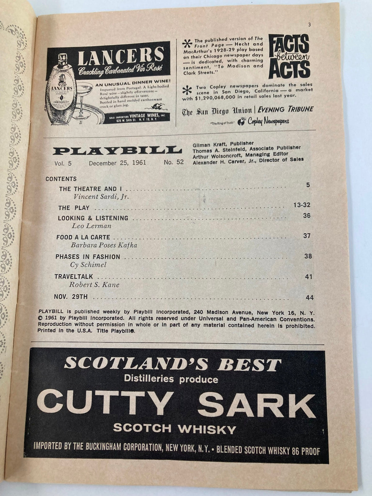 Contents page of the 1961 Playbill for Take Her, She's Mine at Biltmore Theatre, highlighting various articles and performers.