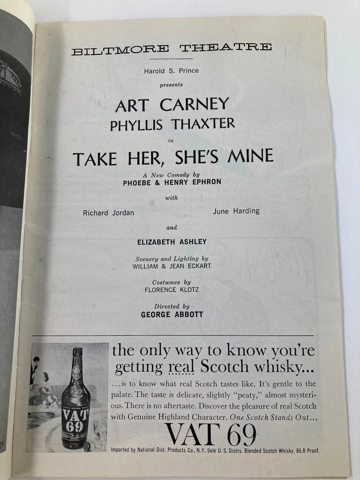 Advertisement page from the 1961 Playbill for Take Her, She's Mine, showcasing Art Carney, Phyllis Thaxter, and the production details.