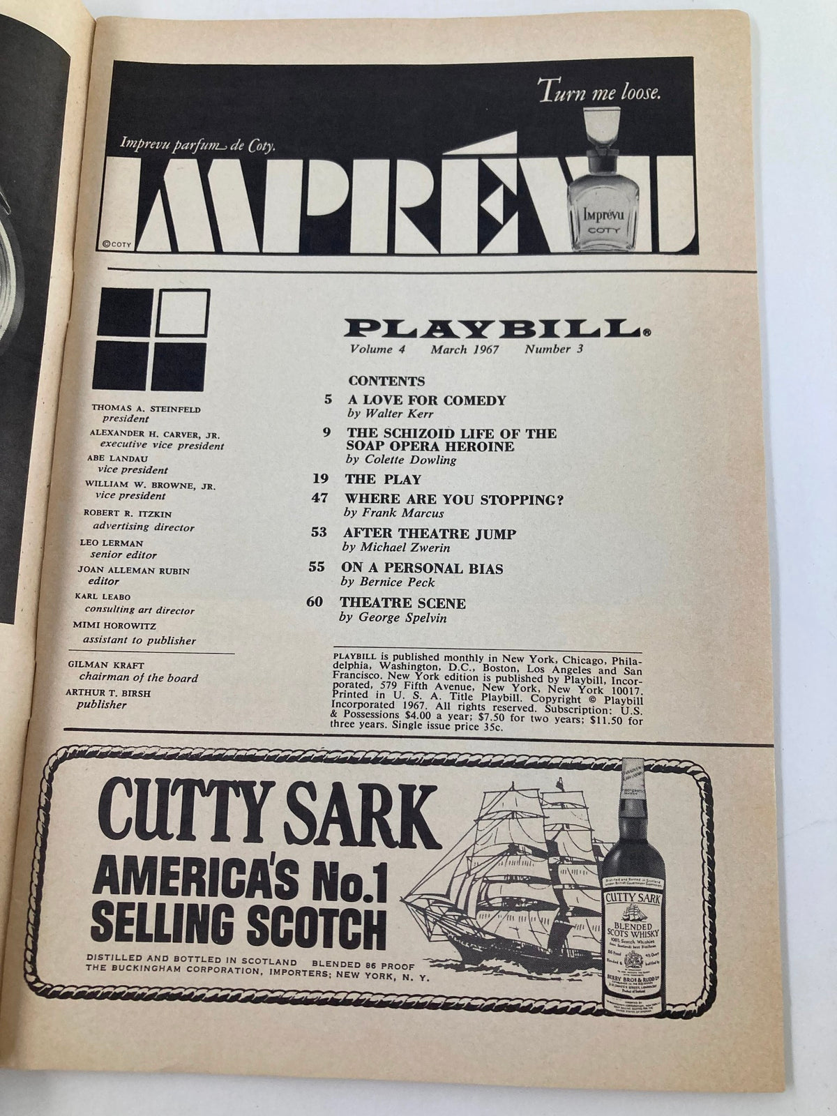 Inside page of the 1967 Playbill from the Mark Hellinger Theatre, containing contents and advertisements, related to Martha Graham and Dance Company.