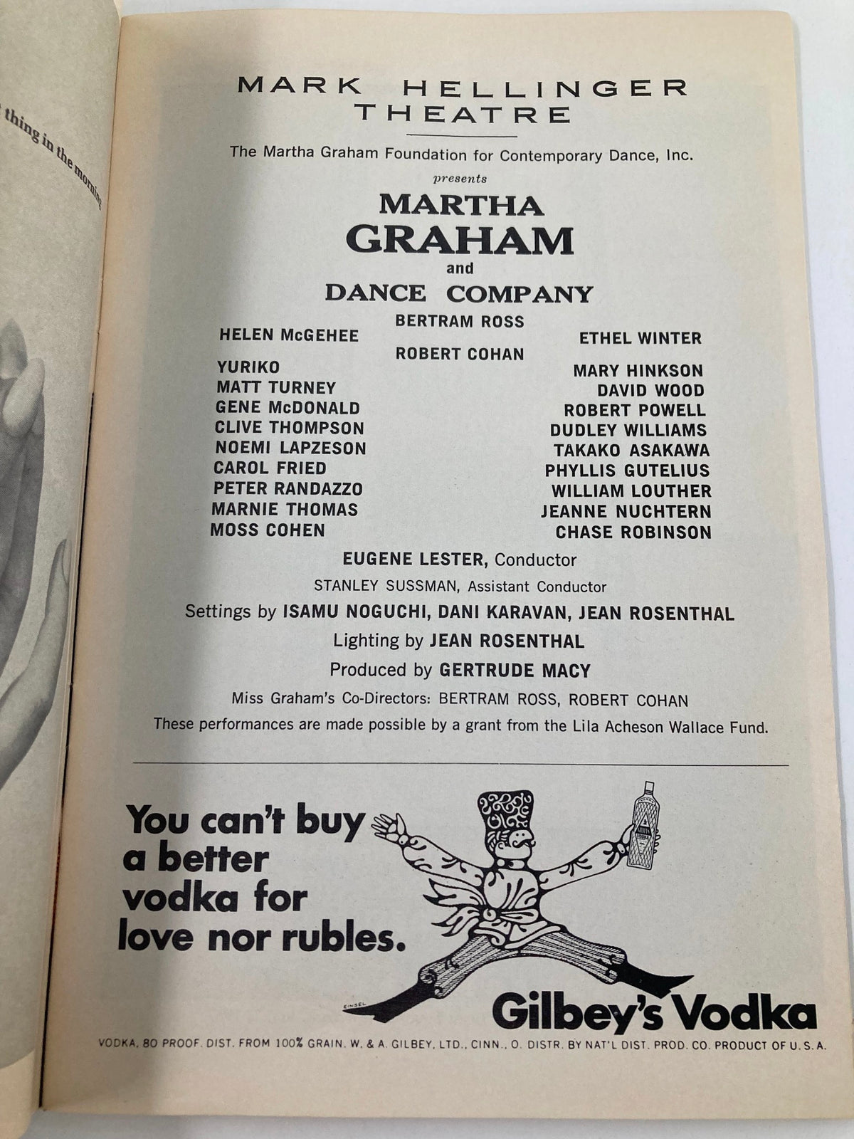 Credits page of the 1967 Playbill from Mark Hellinger Theatre, listing the performers and creative team for Martha Graham and Dance Company.