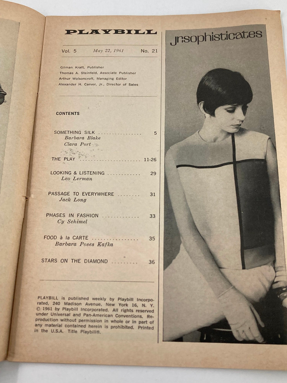 Interior page of the 1961 Playbill Hudson Theatre highlighting content such as 'Something Silk' and 'Phases in Fashion', capturing the essence of theater and trends during that era.