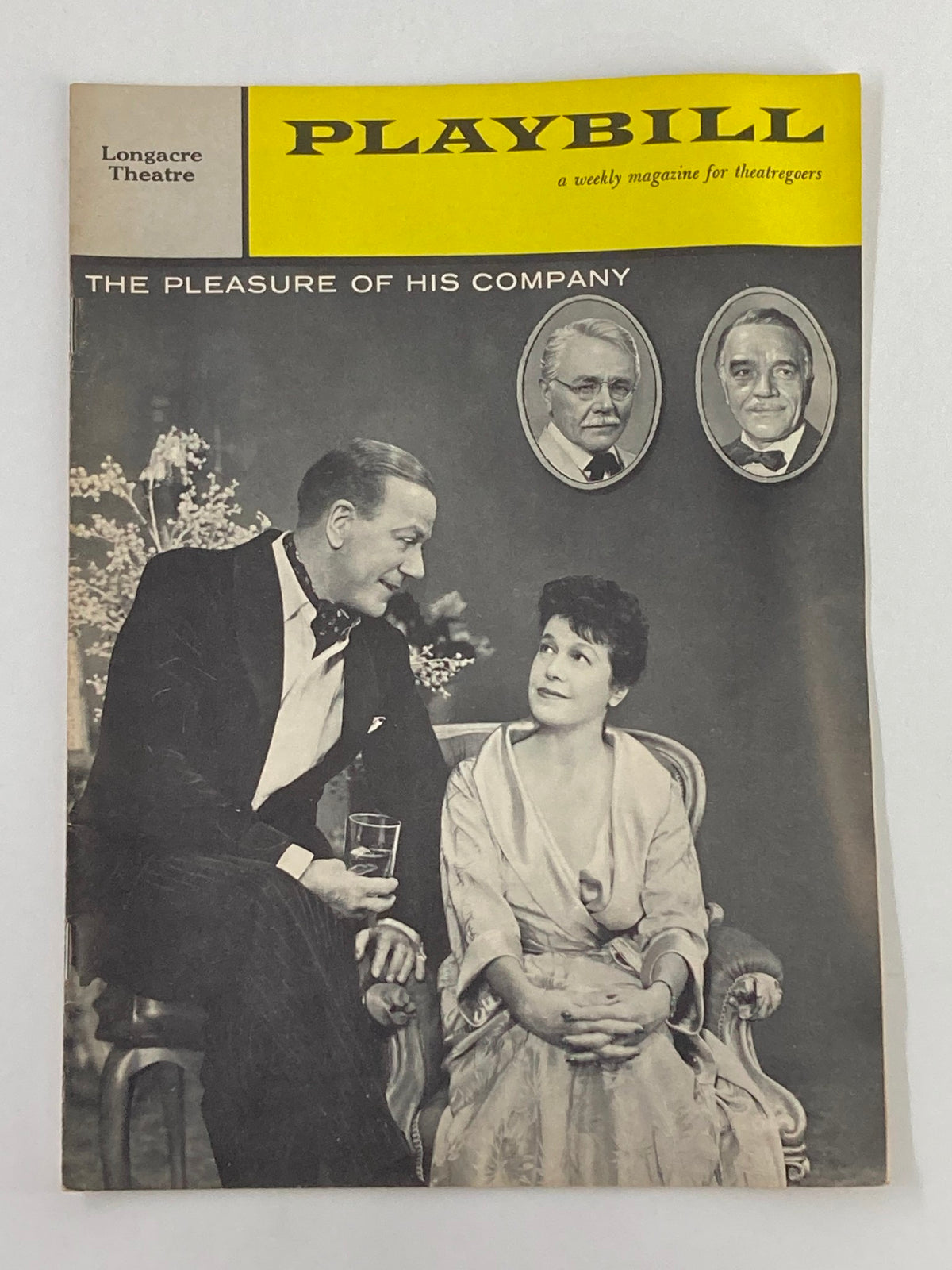 1958 Playbill Longacre Theatre featuring Cyril Ritchard in The Pleasure of His Company, showcasing a black and white image of the cast on the cover.