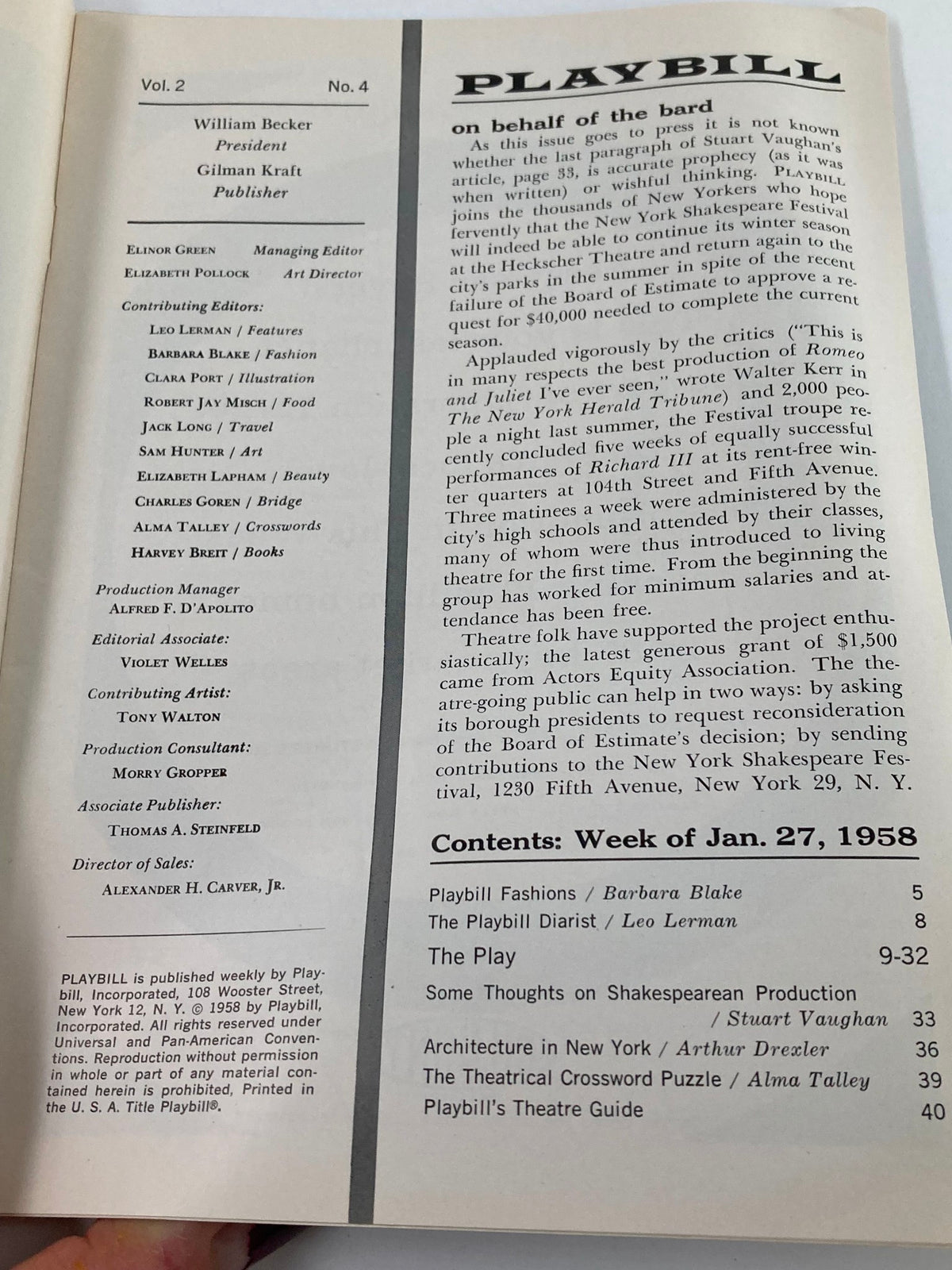 Inside page of the 1958 Playbill for 'Miss Isobel', detailing cast and crew information alongside theater magazine content.