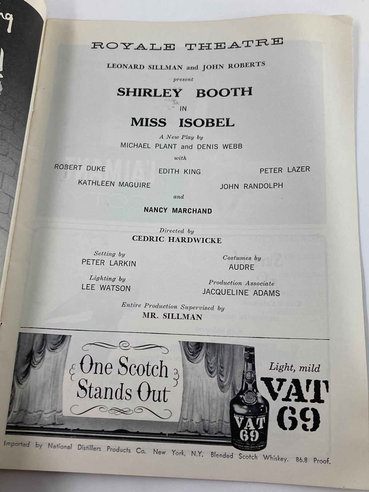 1958 Playbill from the Royale Theatre featuring Shirley Booth and Robert Duke in Miss Isobel, showcasing the cast, director, and production details.