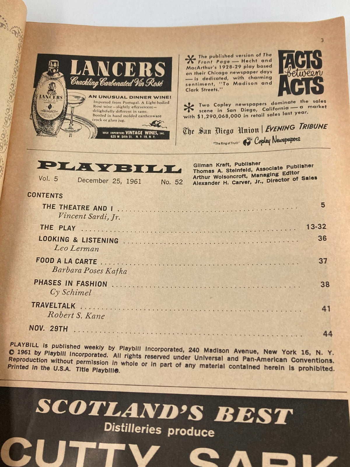 Interior page of the 1961 Playbill from the Broadhurst Theatre, featuring contents and advertisements, related to the production of Sail Away.