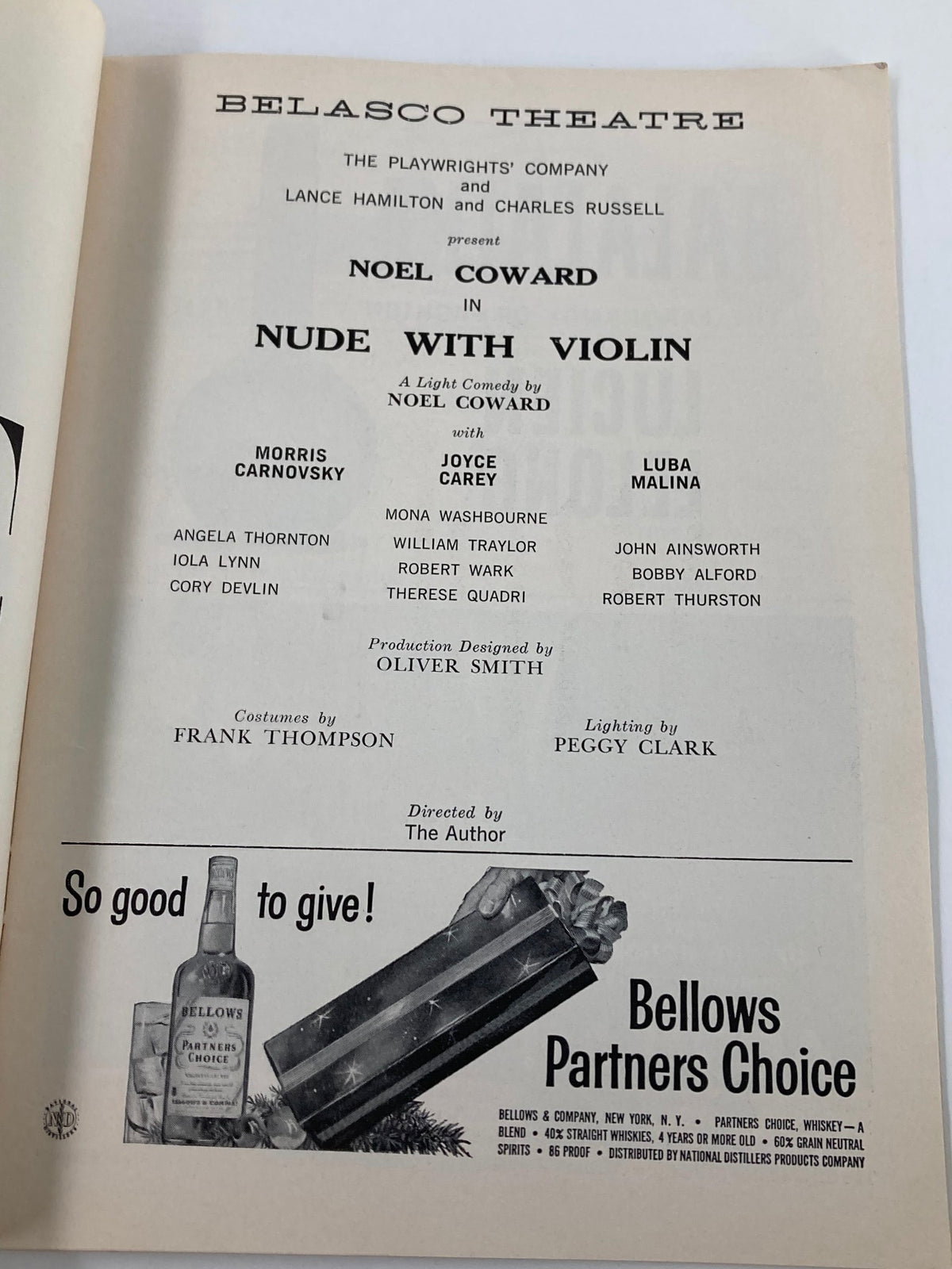 Another interior page of the 1957 Playbill from Belasco Theatre, highlighting the cast and production credits for 'Nude with Violin,' starring Morris Carnovsky.