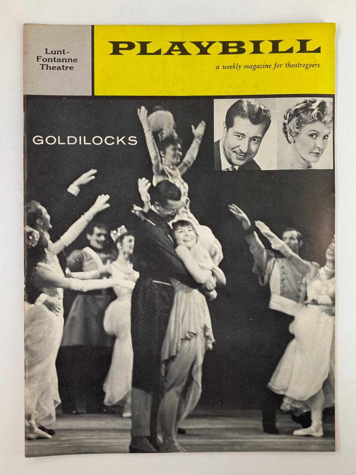 1959 Playbill for the Lunt-Fontanne Theatre featuring Don Ameche and Elaine Stritch in the musical Goldilocks, showcasing vibrant performances by the cast.