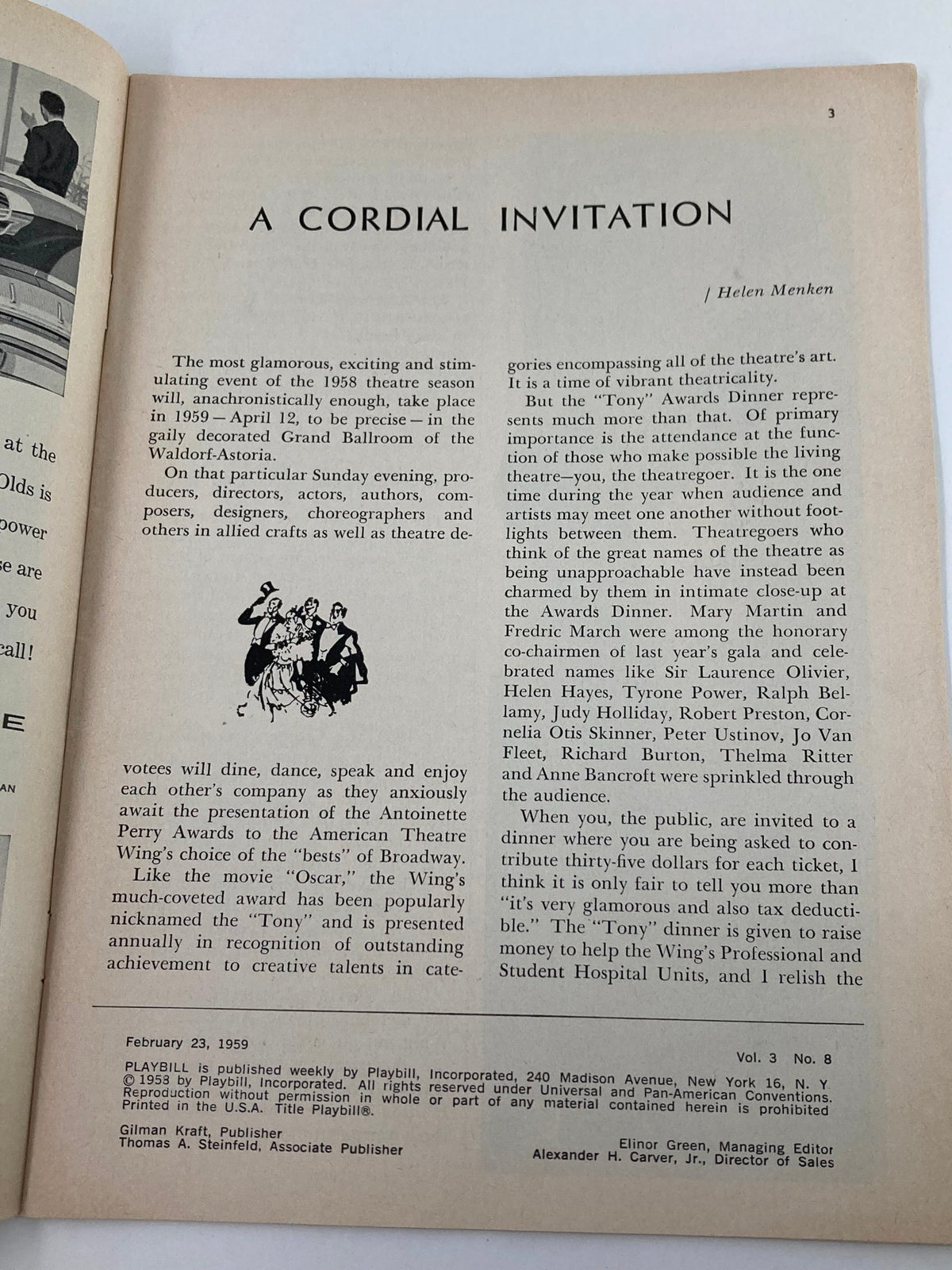 Page from the 1959 Playbill at the Lunt-Fontanne Theatre with a cordial invitation to the theater, highlighting the engaging atmosphere created by the cast and crew.