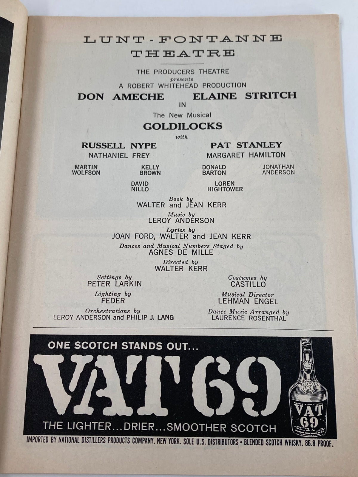Cast and creative team details from the 1959 Playbill for Goldilocks at Lunt-Fontanne Theatre, prominently featuring Don Ameche and Elaine Stritch, enriched by the production team credits.