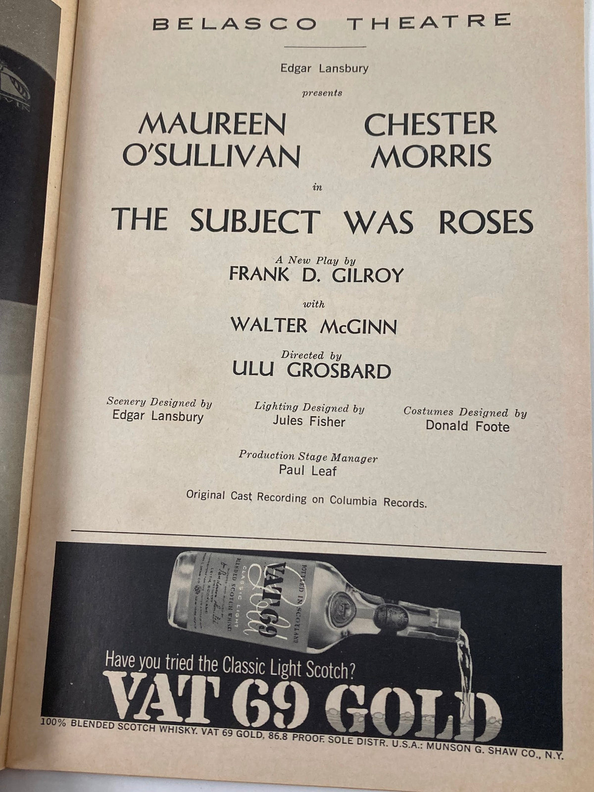 Vintage 1966 Playbill from the Belasco Theatre featuring Maureen O'Sullivan in The Subject Was Roses. The image showcases the play's promotional details and cast, offering a glimpse into the theatrical production from the 1960s.