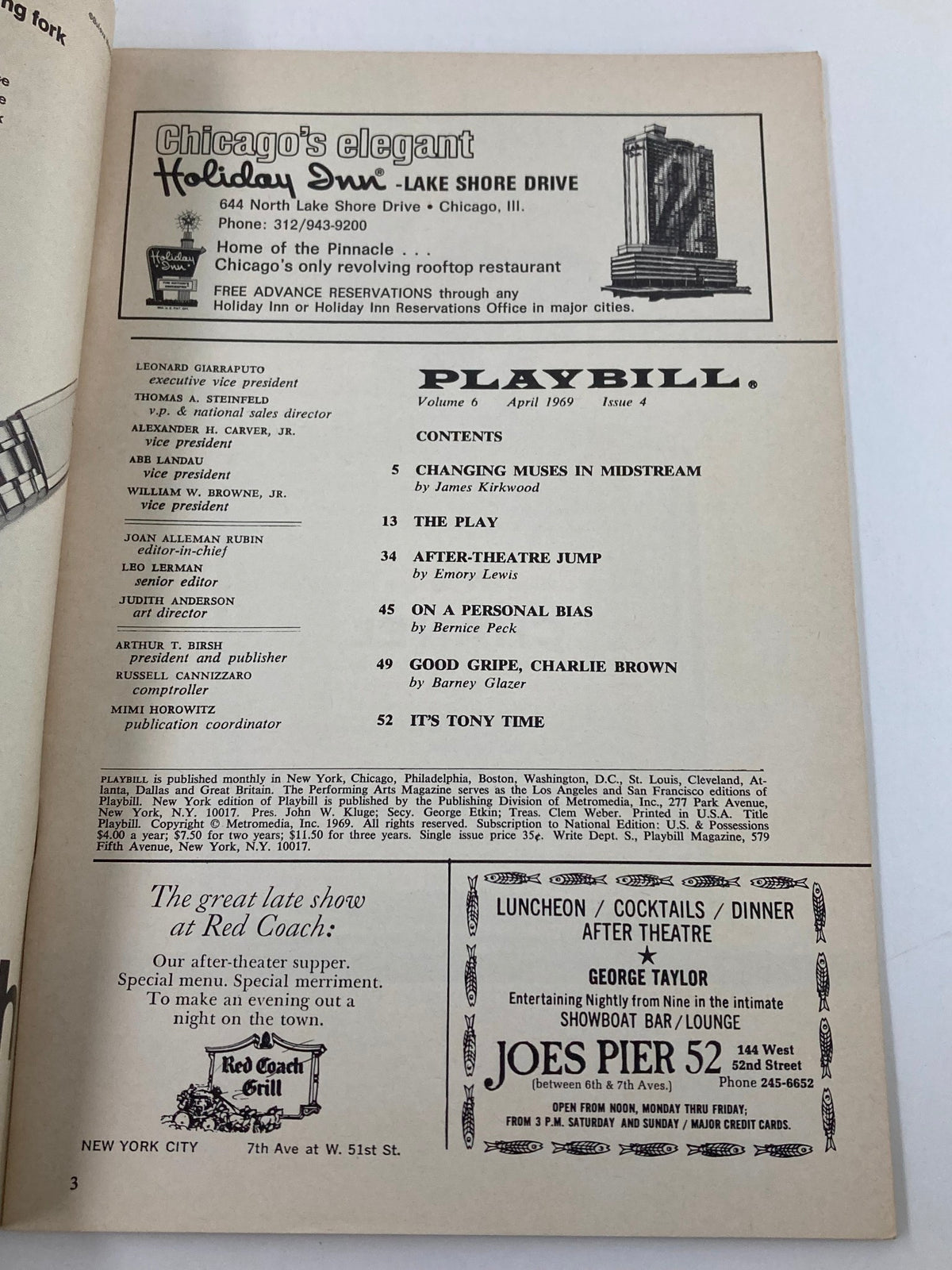 Inside page of the 1969 Playbill from The Palace Theatre, listing featured shows and performances, including George M! starring Joel Grey.