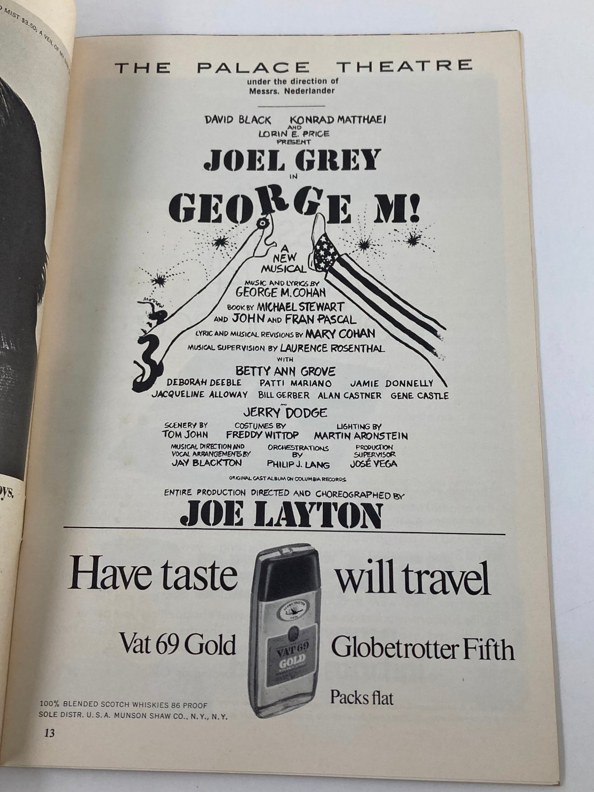Another page from the 1969 Playbill for George M! at The Palace Theatre, highlighting the creators and production team including Joel Grey and Joe Layton.