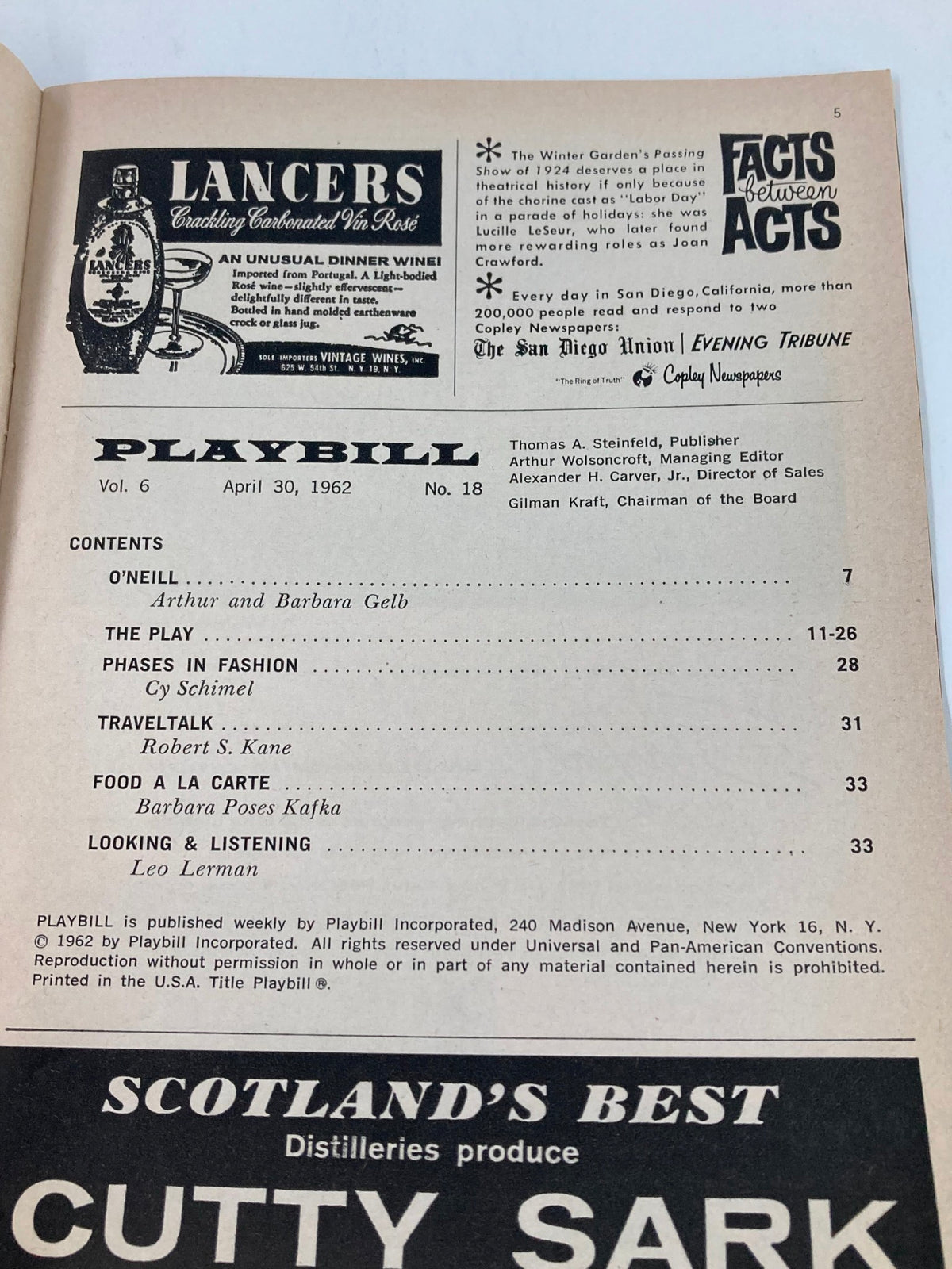 Inside page of the 1962 Playbill from the Imperial Theatre, showcasing the table of contents and notable productions, including Carnival.