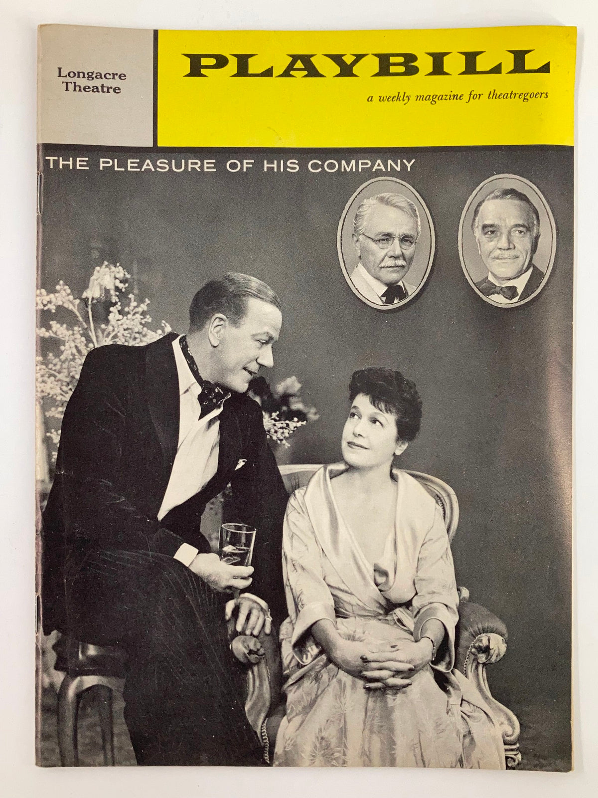 1958 Playbill from Longacre Theatre featuring Charlie Ruggles in The Pleasure of His Company, showcasing a classic black-and-white photograph of the actors, evoking the charm of vintage theatre.