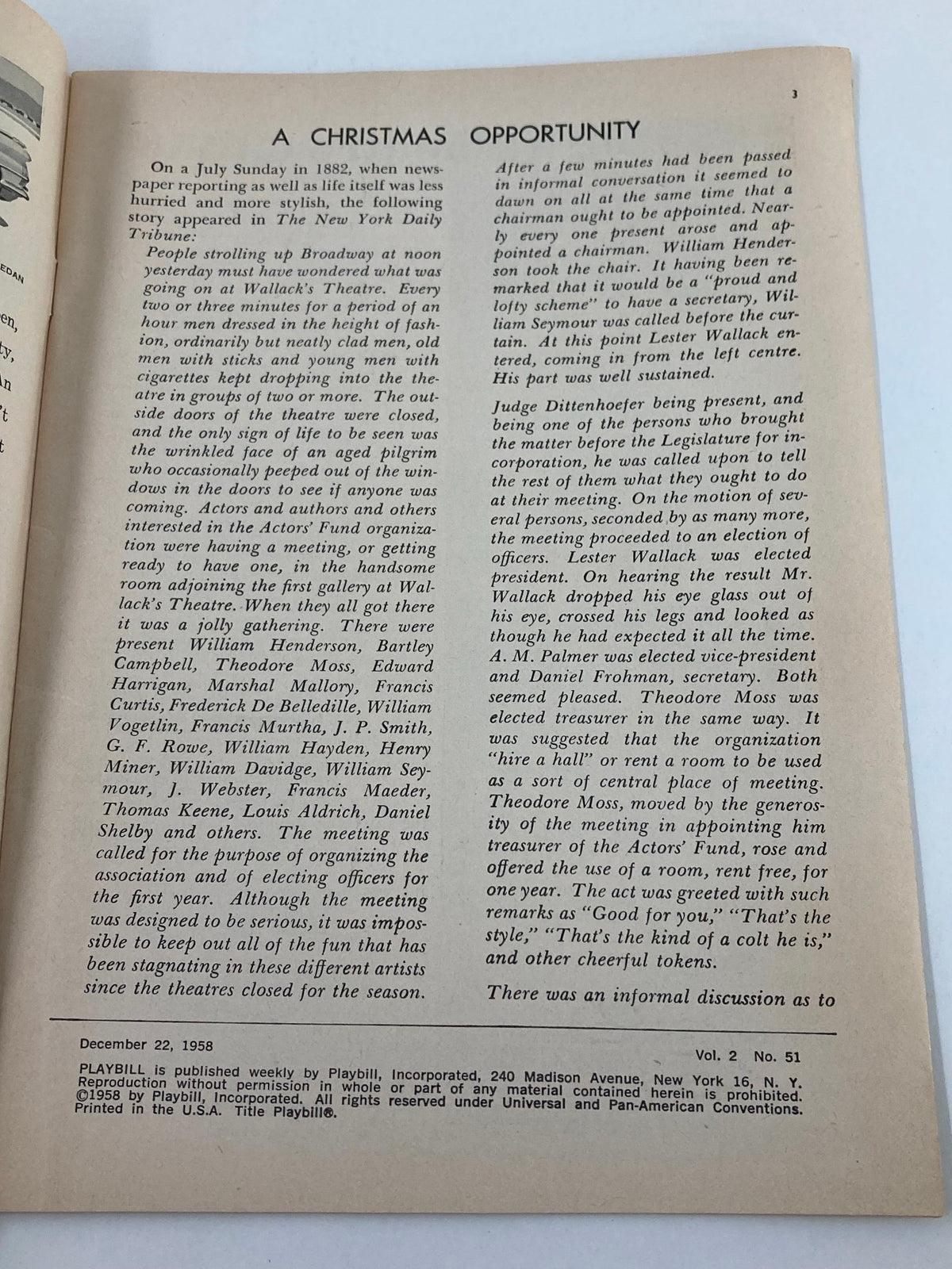 A vintage page from the 1958 Playbill featuring an article titled 'A Christmas Opportunity', highlighting the history of theater and play productions including announcements for the Longacre Theatre.