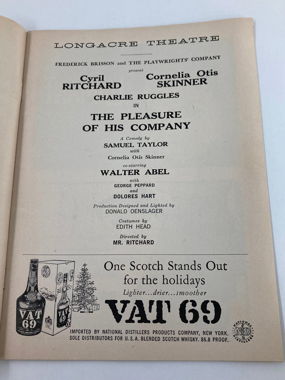 The 1958 Playbill page from Longacre Theatre featuring details of the play 'The Pleasure of His Company', starring Charlie Ruggles, highlighting cast and production information.