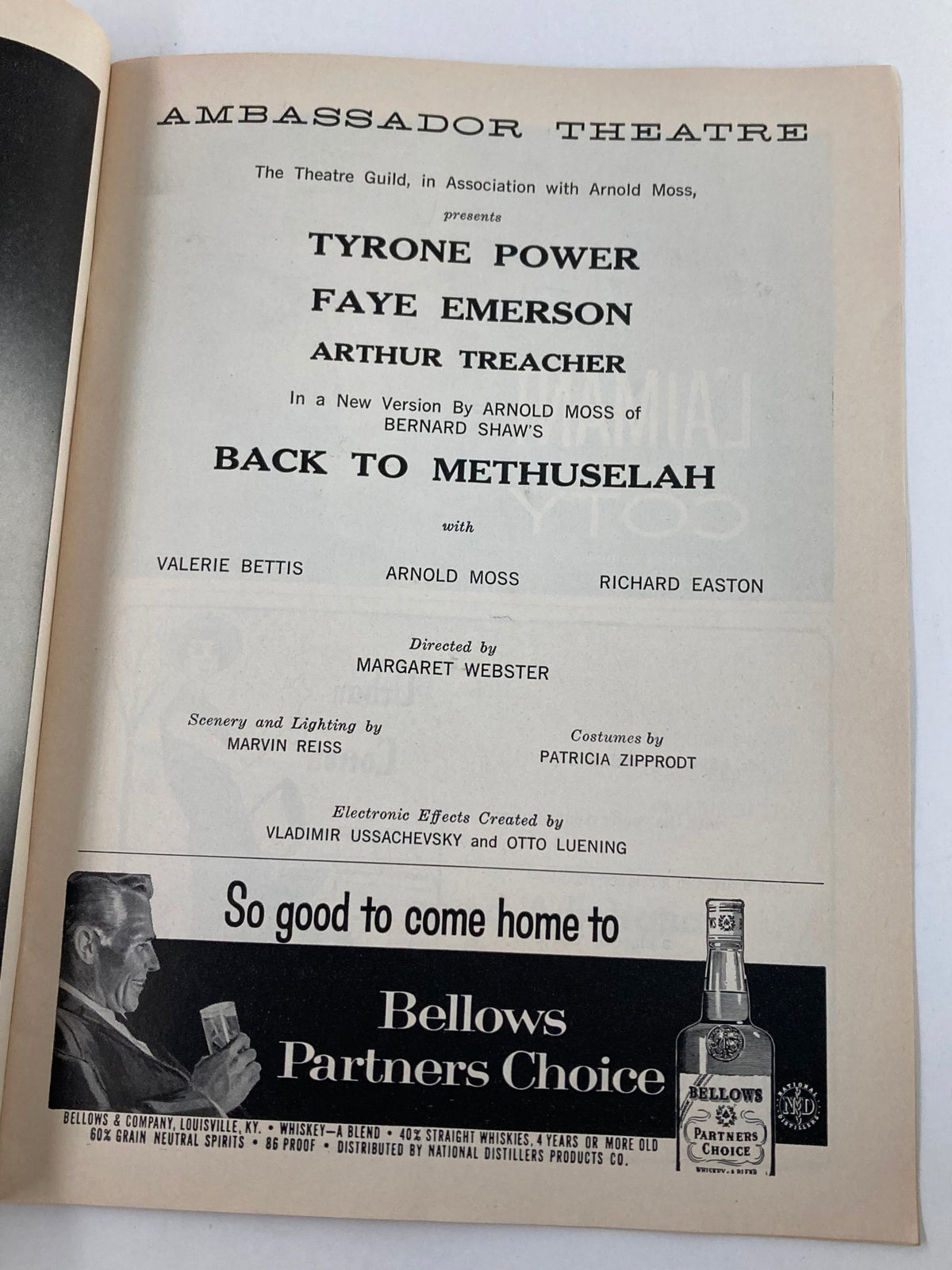 Another interior page of the 1958 Playbill highlighting the cast of 'Back to Methuselah' including Tyrone Power, Faye Emerson, and Arthur Treacher.