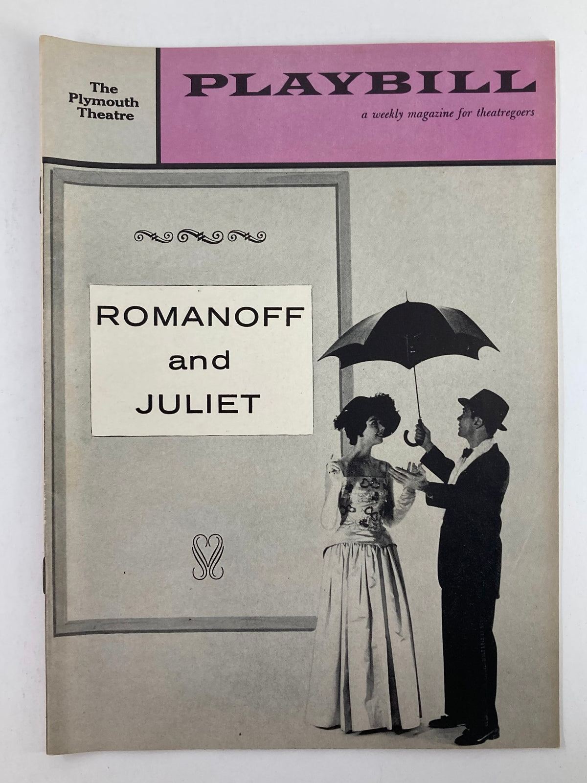 1958 Playbill for Romanoff and Juliet at The Plymouth Theatre featuring a cover design with a couple under an umbrella.