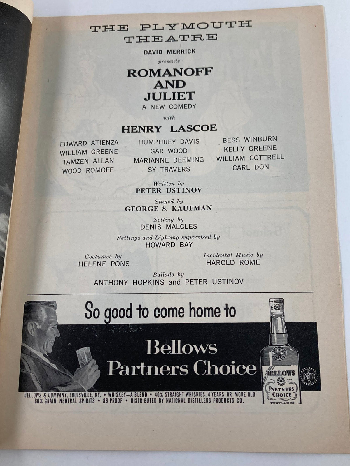 Another inside page of the 1958 Playbill highlighting the cast and crew for Romanoff and Juliet at The Plymouth Theatre.