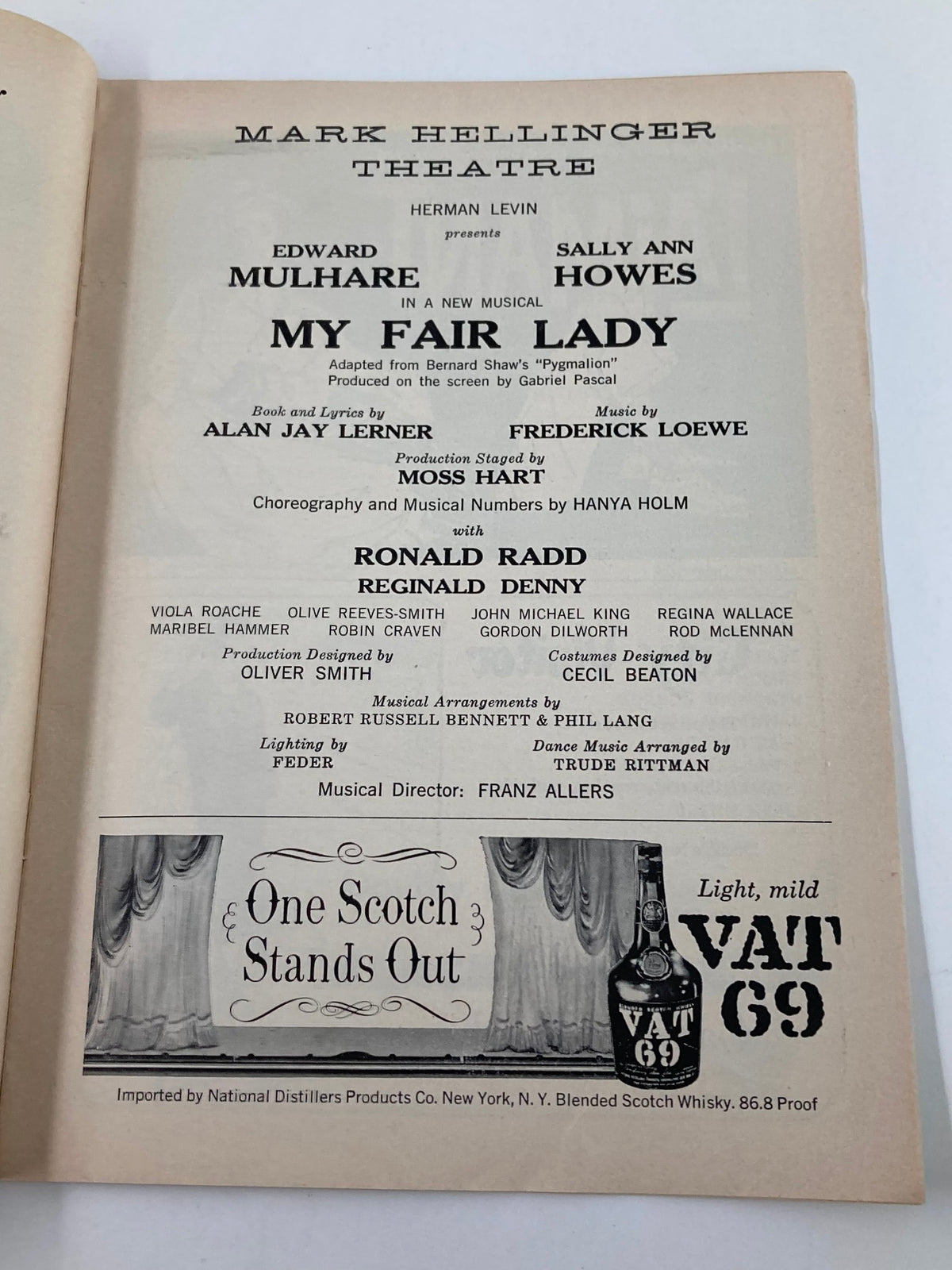 Details page from the 1958 Playbill of Mark Hellinger Theatre highlighting the cast of My Fair Lady, including Sally Ann Howes, with production and creative team information.