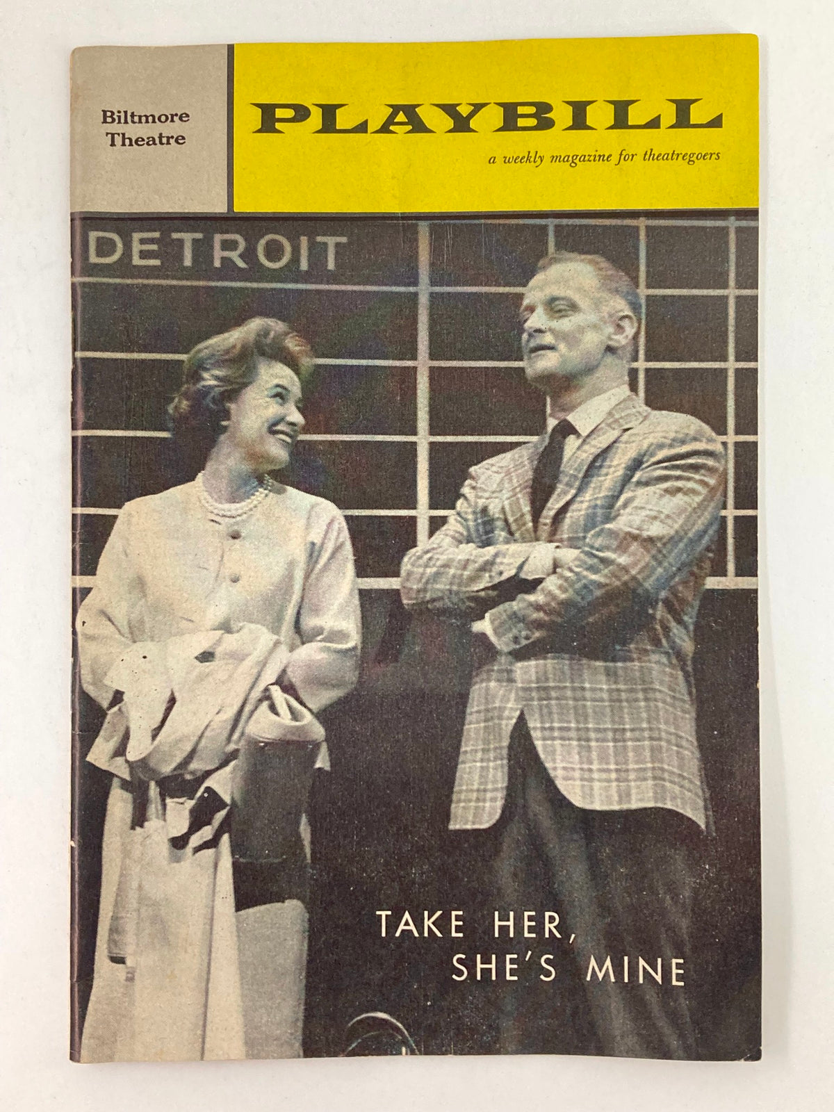 1961 Playbill featuring Phyllis Thaxter in 'Take Her, She's Mine' at the Biltmore Theatre, showcasing a black and white photograph of the actress.