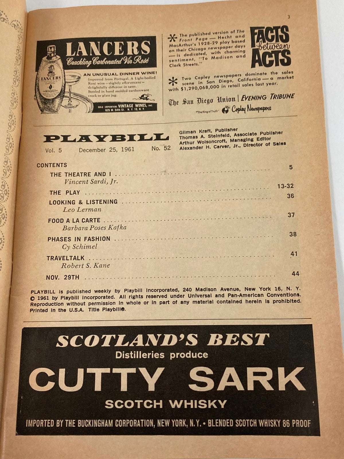 Inside page of the 1961 Playbill for 'Take Her, She's Mine,' showing the table of contents and advertisements, produced by the Biltmore Theatre.