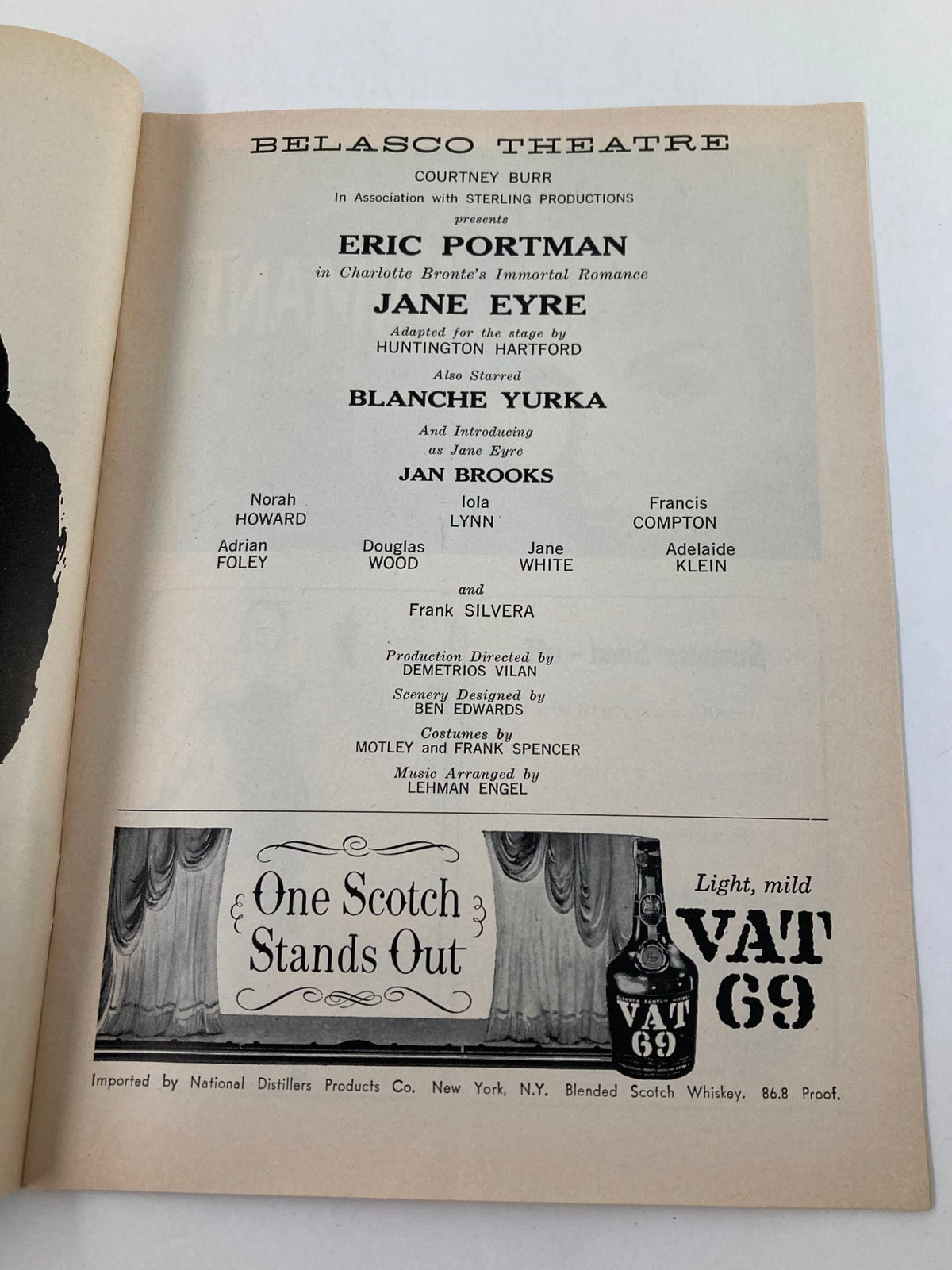 Inside page of the 1958 Playbill from Belasco Theatre highlighting the cast of Jane Eyre, including Blanche Yurka and Jan Brooks, with details on director and production team.