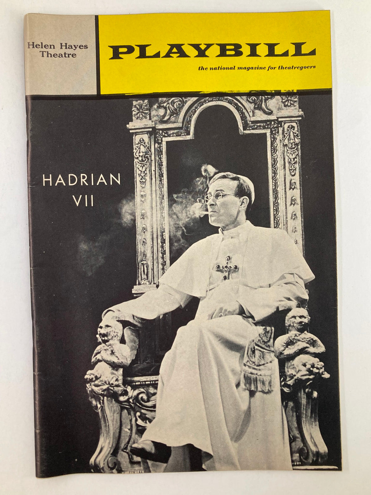 1969 Playbill from Hadrian VII at Helen Hayes Theatre featuring actor Alec McCowen in a dramatic pose, showcasing theatrical history.