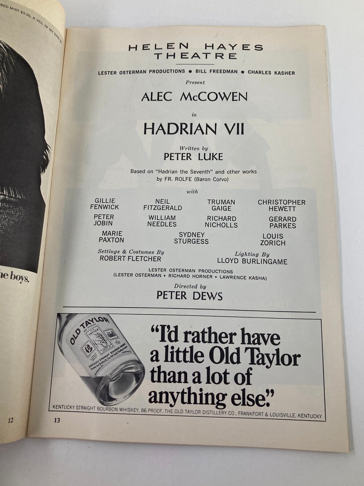 Page from the 1969 Playbill for Hadrian VII at Helen Hayes Theatre, highlighting cast members including Alec McCowen and Gillie Fenwick.