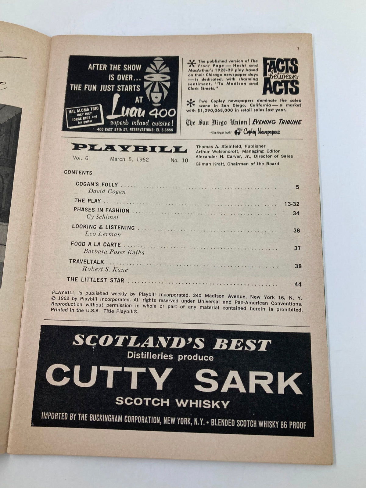 Interior page of the 1962 Playbill from the Eugene O'Neill Theatre, displaying the contents, including the production details for 'Ross'.