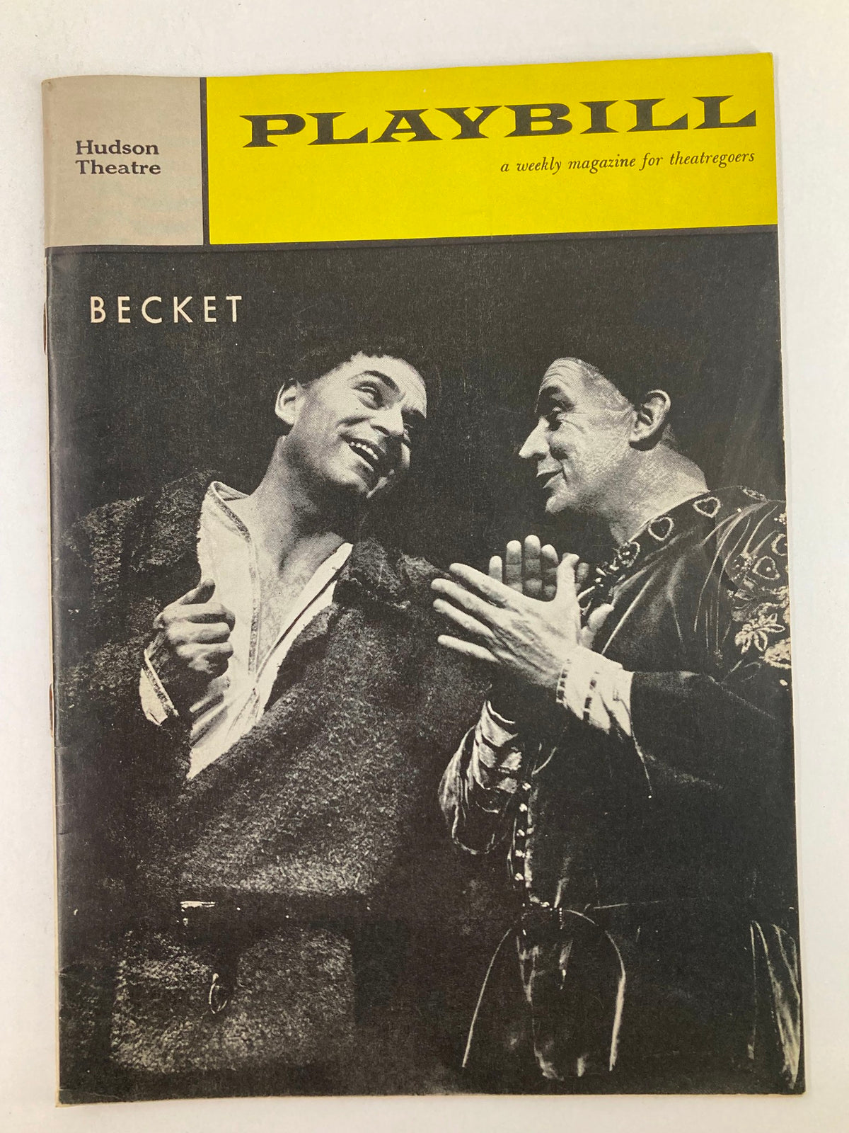 1961 Playbill Hudson Theatre featuring Laurence Olivier and Arthur Kennedy in Becket, showcasing a dramatic black and white photograph of the two performers.